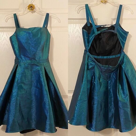 Blondie Nites A-Line Dress Junior Cage-Back Pleated Metallic Blue 11 - Picture 3 of 9